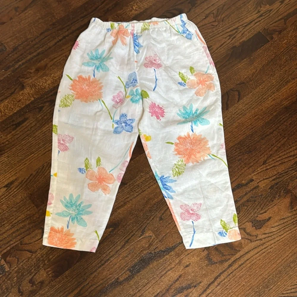 Hot Cotton by Marc Ware 100% linen pastel floral elastic waist pants. Large. - Picture 2 of 6